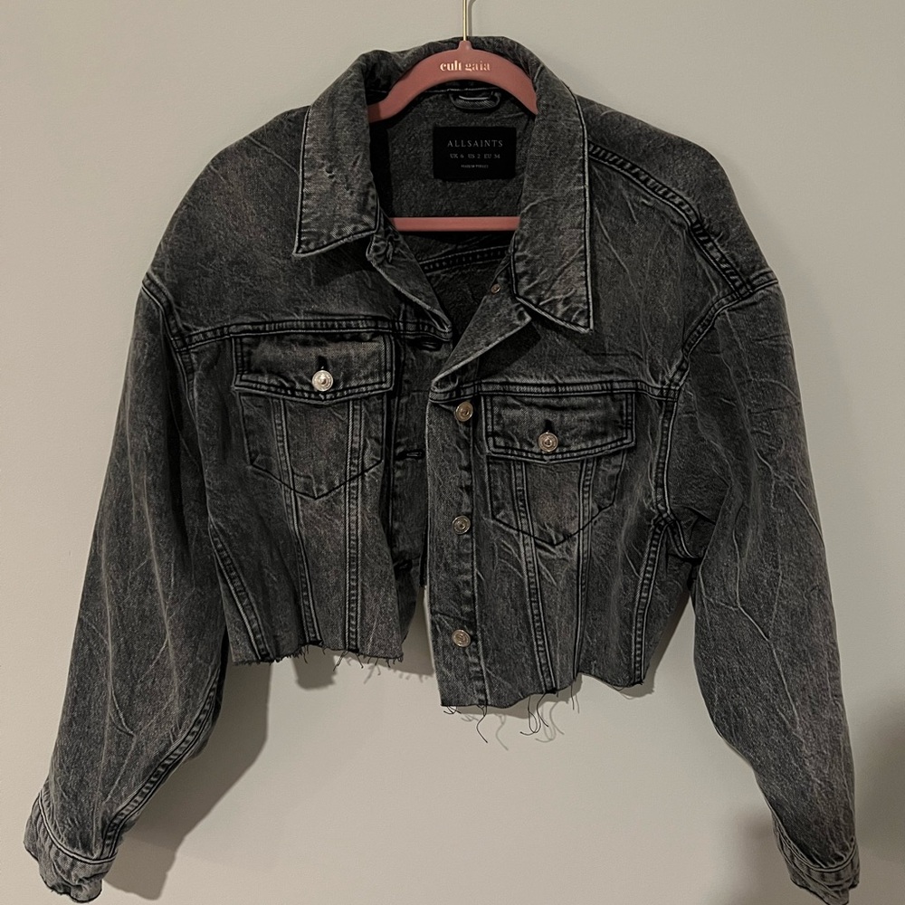Allsaints women’s Piper Cropped Drop Shoulder Denim Jacket, grey, US size 2